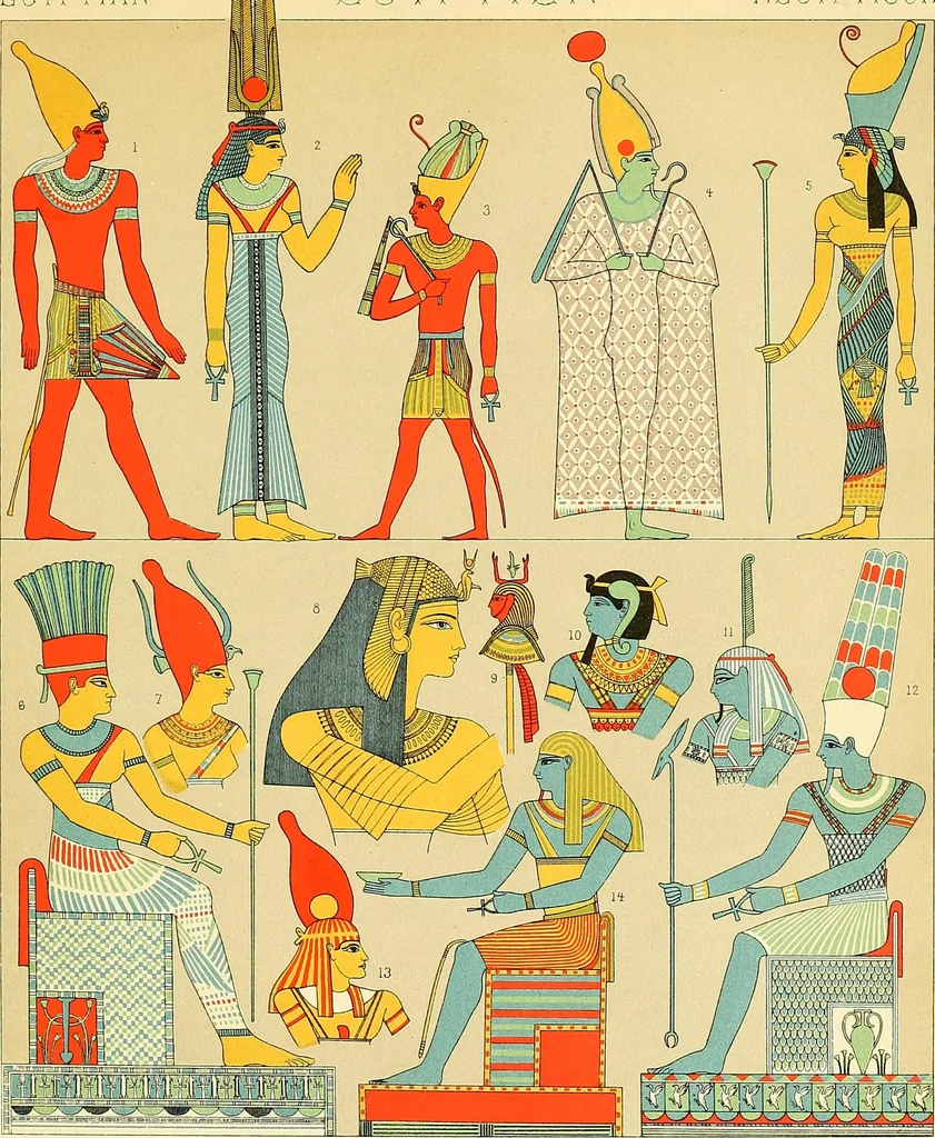An illustration from Le costume historique. Cinq cents planches, trois cents en couleurs, or et argent, deux cents en camaieu. Types principaux du vêtement et de la parure, rapprochés de ceux de l'intérieur de l'habitation dans tous les temps et chez tous les peuples, avec de nombreux détails sur le mobilier, les armes, les objets usuels, les moyens de transport, etc, 1888, leaf 35