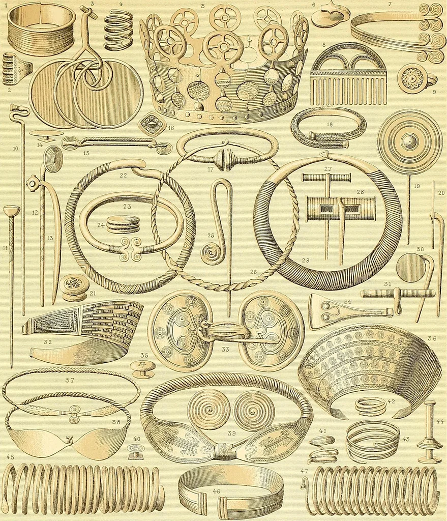 An illustration from Le costume historique. Cinq cents planches, trois cents en couleurs, or et argent, deux cents en camaieu. Types principaux du vêtement et de la parure, rapprochés de ceux de l'intérieur de l'habitation dans tous les temps et chez tous les peuples, avec de nombreux détails sur le mobilier, les armes, les objets usuels, les moyens de transport, etc, 1888, leaf 355