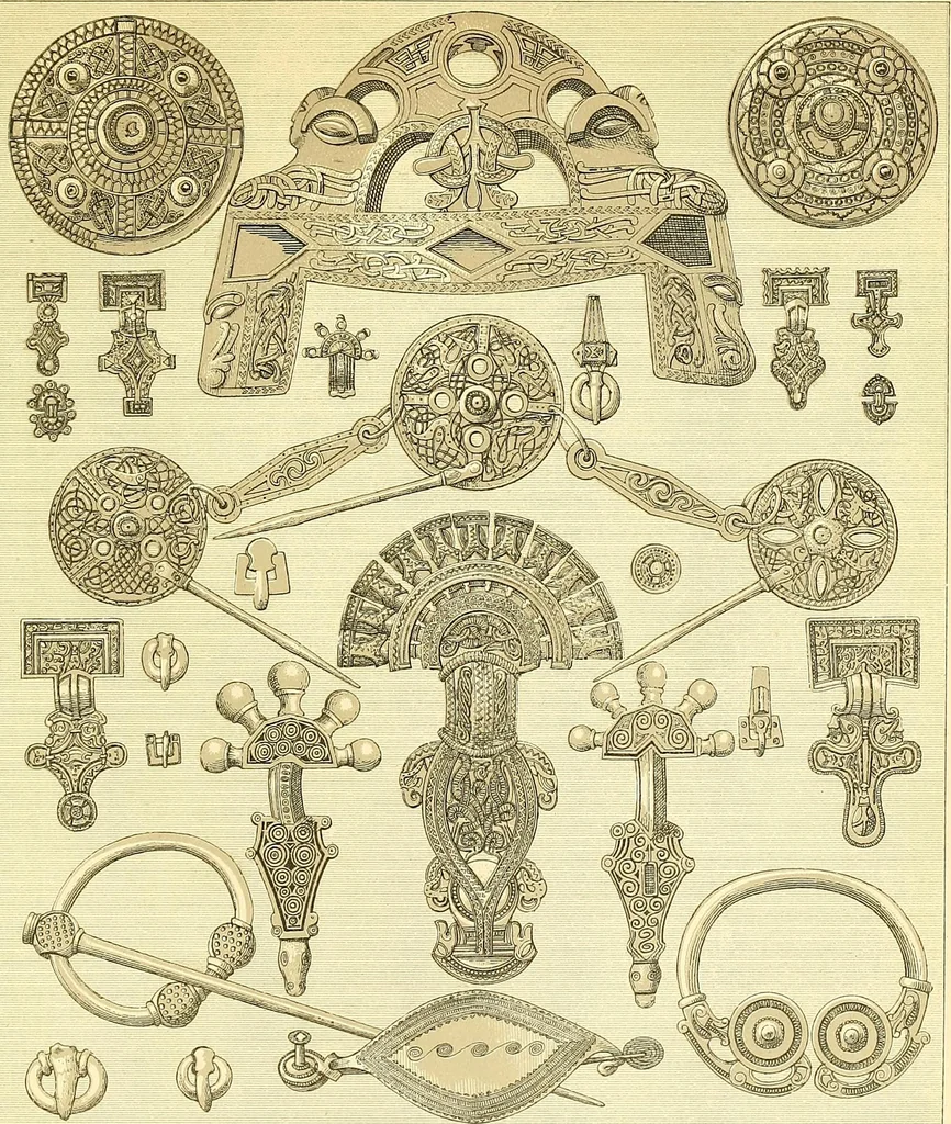 An illustration from Le costume historique. Cinq cents planches, trois cents en couleurs, or et argent, deux cents en camaieu. Types principaux du vêtement et de la parure, rapprochés de ceux de l'intérieur de l'habitation dans tous les temps et chez tous les peuples, avec de nombreux détails sur le mobilier, les armes, les objets usuels, les moyens de transport, etc, 1888, leaf 359