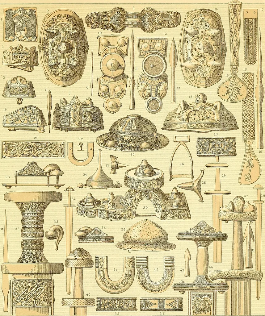 An illustration from Le costume historique. Cinq cents planches, trois cents en couleurs, or et argent, deux cents en camaieu. Types principaux du vêtement et de la parure, rapprochés de ceux de l'intérieur de l'habitation dans tous les temps et chez tous les peuples, avec de nombreux détails sur le mobilier, les armes, les objets usuels, les moyens de transport, etc, 1888, leaf 367