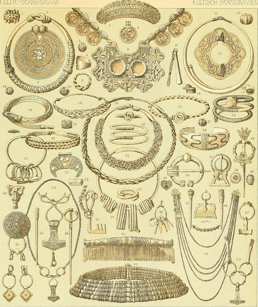 An illustration from Le costume historique. Cinq cents planches, trois cents en couleurs, or et argent, deux cents en camaieu. Types principaux du vêtement et de la parure, rapprochés de ceux de l'intérieur de l'habitation dans tous les temps et chez tous les peuples, avec de nombreux détails sur le mobilier, les armes, les objets usuels, les moyens de transport, etc, 1888, leaf 371