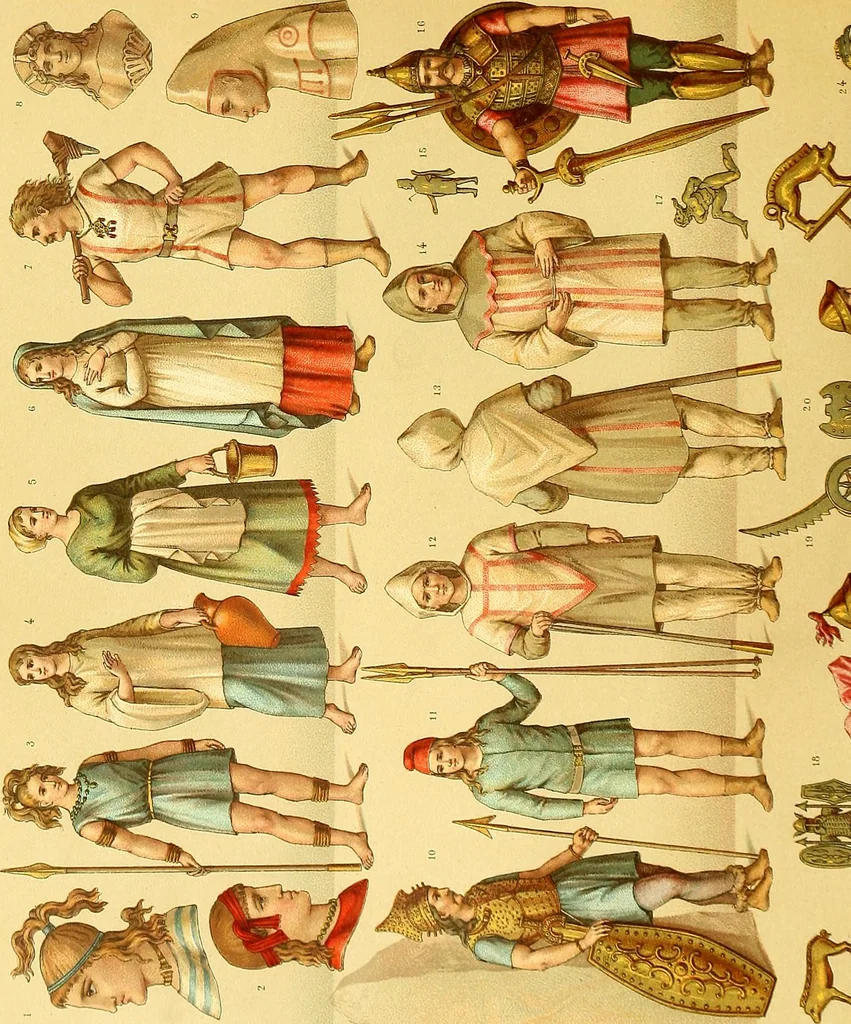 An illustration from Le costume historique. Cinq cents planches, trois cents en couleurs, or et argent, deux cents en camaieu. Types principaux du vêtement et de la parure, rapprochés de ceux de l'intérieur de l'habitation dans tous les temps et chez tous les peuples, avec de nombreux détails sur le mobilier, les armes, les objets usuels, les moyens de transport, etc, 1888, leaf 378
