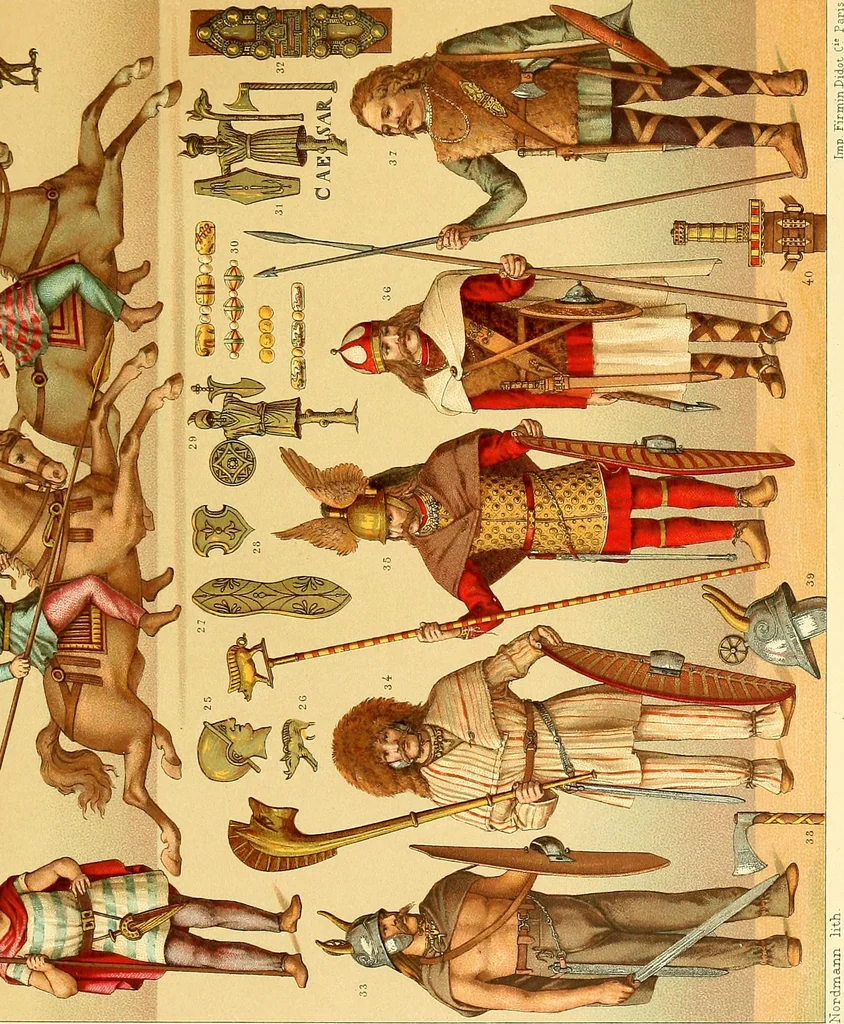 An illustration from Le costume historique. Cinq cents planches, trois cents en couleurs, or et argent, deux cents en camaieu. Types principaux du vêtement et de la parure, rapprochés de ceux de l'intérieur de l'habitation dans tous les temps et chez tous les peuples, avec de nombreux détails sur le mobilier, les armes, les objets usuels, les moyens de transport, etc, 1888, leaf 379