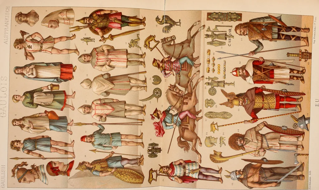 An illustration from Le costume historique. Cinq cents planches, trois cents en couleurs, or et argent, deux cents en camaieu. Types principaux du vêtement et de la parure, rapprochés de ceux de l'intérieur de l'habitation dans tous les temps et chez tous les peuples, avec de nombreux détails sur le mobilier, les armes, les objets usuels, les moyens de transport, etc, 1888, leaf 381