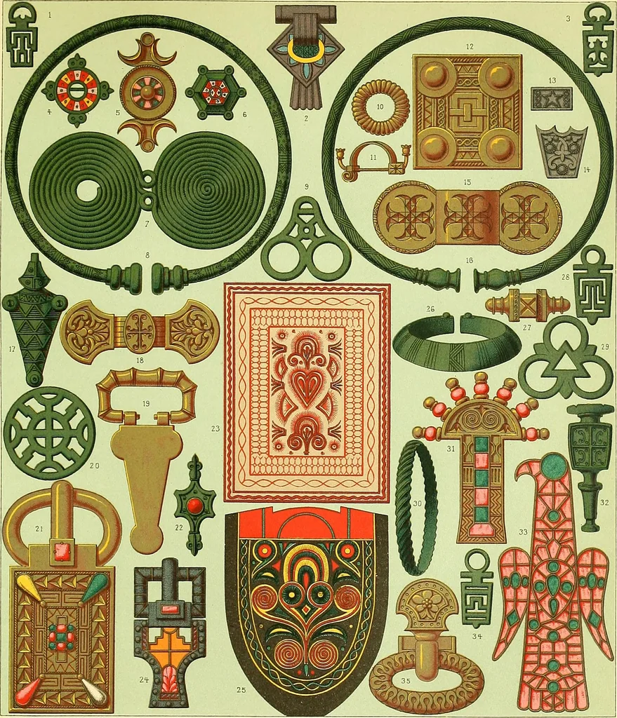 An illustration from Le costume historique. Cinq cents planches, trois cents en couleurs, or et argent, deux cents en camaieu. Types principaux du vêtement et de la parure, rapprochés de ceux de l'intérieur de l'habitation dans tous les temps et chez tous les peuples, avec de nombreux détails sur le mobilier, les armes, les objets usuels, les moyens de transport, etc, 1888, leaf 395