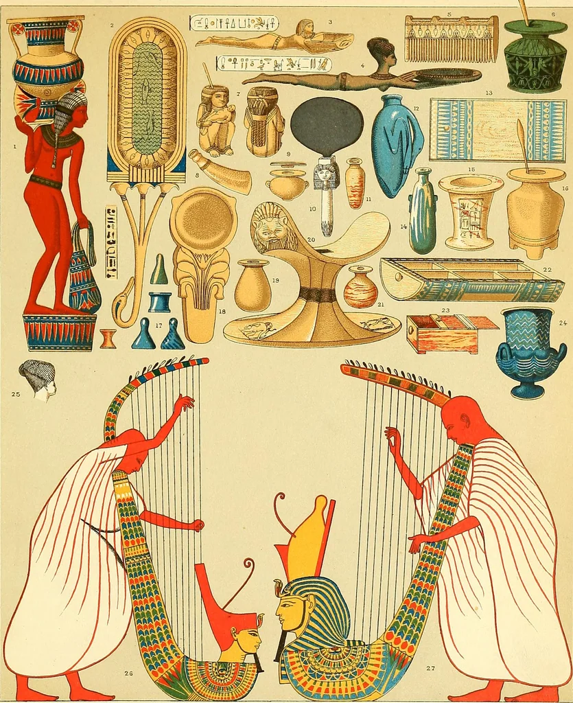 An illustration from Le costume historique. Cinq cents planches, trois cents en couleurs, or et argent, deux cents en camaieu. Types principaux du vêtement et de la parure, rapprochés de ceux de l'intérieur de l'habitation dans tous les temps et chez tous les peuples, avec de nombreux détails sur le mobilier, les armes, les objets usuels, les moyens de transport, etc, 1888, leaf 41