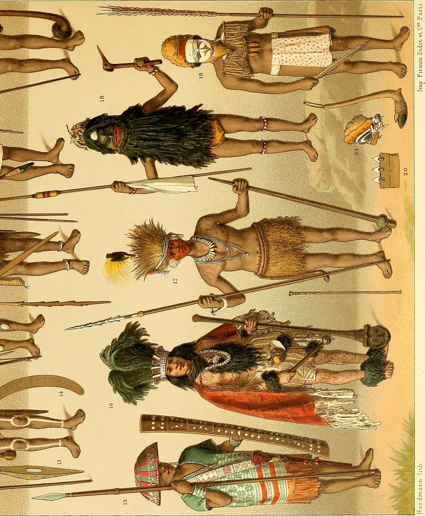 An illustration from Le costume historique. Cinq cents planches, trois cents en couleurs, or et argent, deux cents en camaieu. Types principaux du vêtement et de la parure, rapprochés de ceux de l'intérieur de l'habitation dans tous les temps et chez tous les peuples, avec de nombreux détails sur le mobilier, les armes, les objets usuels, les moyens de transport, etc, 1888, leaf 413