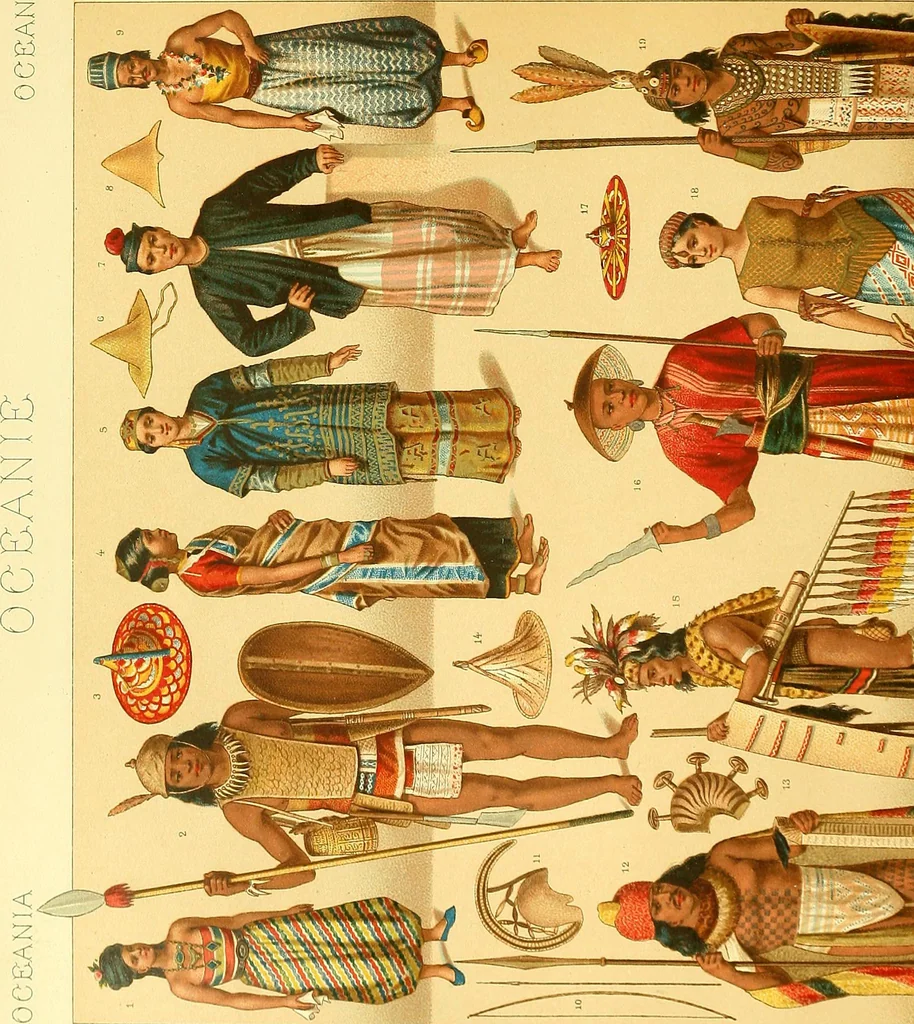 An illustration from Le costume historique. Cinq cents planches, trois cents en couleurs, or et argent, deux cents en camaieu. Types principaux du vêtement et de la parure, rapprochés de ceux de l'intérieur de l'habitation dans tous les temps et chez tous les peuples, avec de nombreux détails sur le mobilier, les armes, les objets usuels, les moyens de transport, etc, 1888, leaf 448