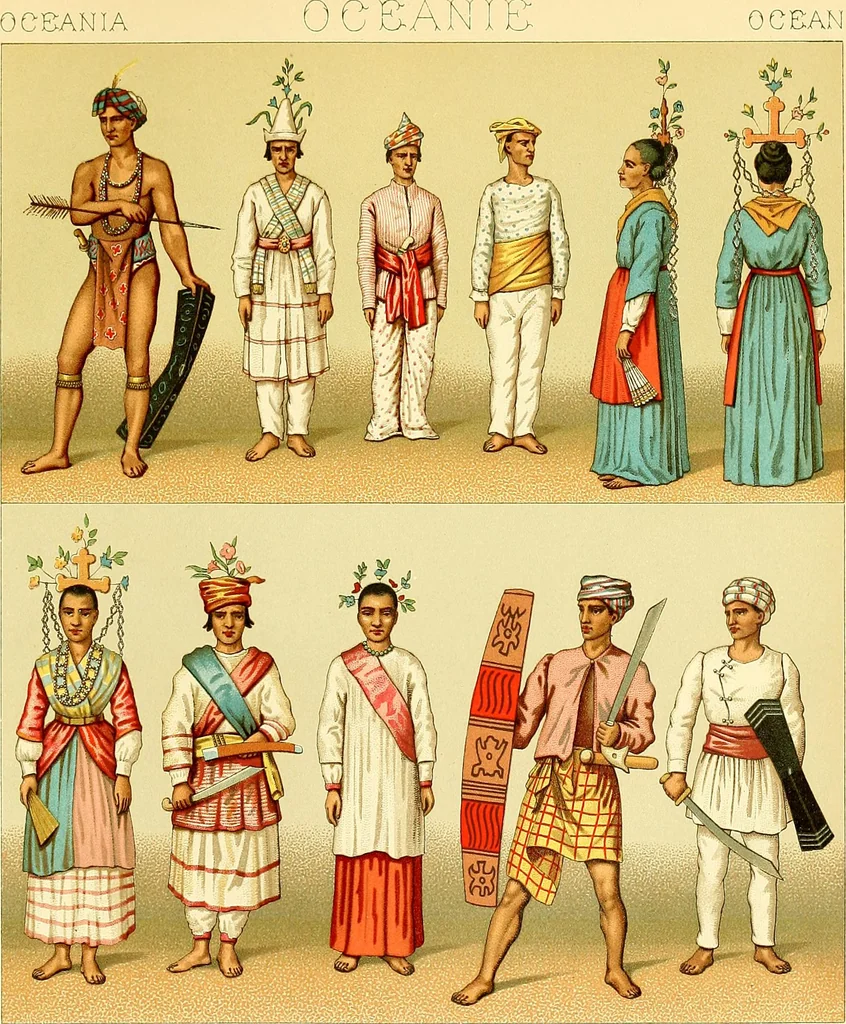 An illustration from Le costume historique. Cinq cents planches, trois cents en couleurs, or et argent, deux cents en camaieu. Types principaux du vêtement et de la parure, rapprochés de ceux de l'intérieur de l'habitation dans tous les temps et chez tous les peuples, avec de nombreux détails sur le mobilier, les armes, les objets usuels, les moyens de transport, etc, 1888, leaf 453