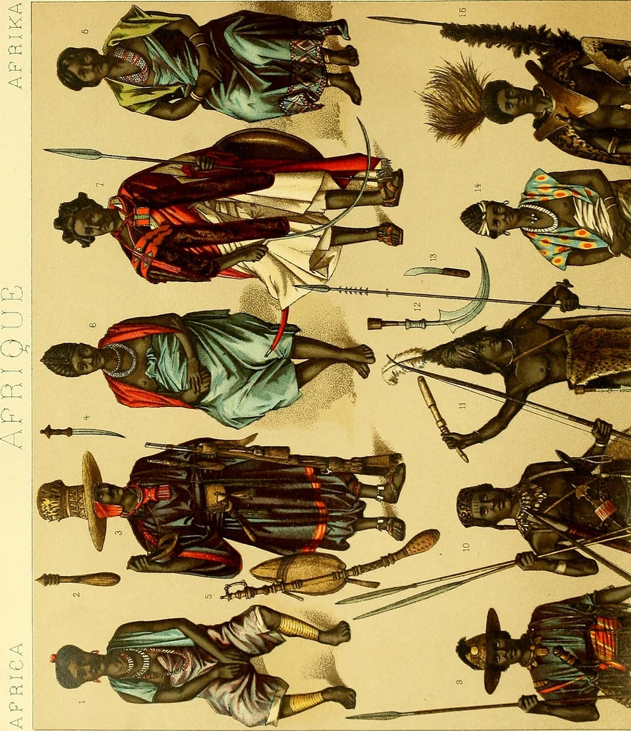 An illustration from Le costume historique. Cinq cents planches, trois cents en couleurs, or et argent, deux cents en camaieu. Types principaux du vêtement et de la parure, rapprochés de ceux de l'intérieur de l'habitation dans tous les temps et chez tous les peuples, avec de nombreux détails sur le mobilier, les armes, les objets usuels, les moyens de transport, etc, 1888, leaf 482
