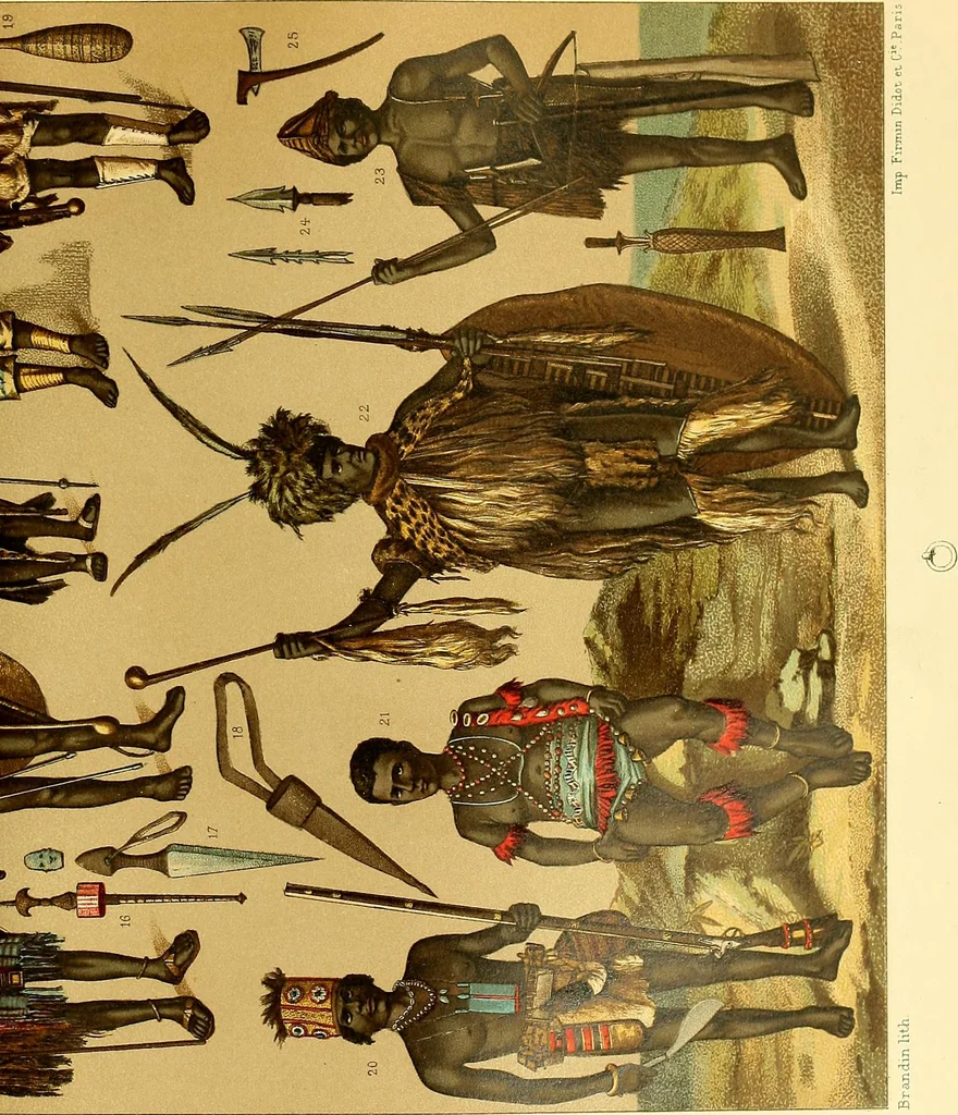 An illustration from Le costume historique. Cinq cents planches, trois cents en couleurs, or et argent, deux cents en camaieu. Types principaux du vêtement et de la parure, rapprochés de ceux de l'intérieur de l'habitation dans tous les temps et chez tous les peuples, avec de nombreux détails sur le mobilier, les armes, les objets usuels, les moyens de transport, etc, 1888, leaf 483