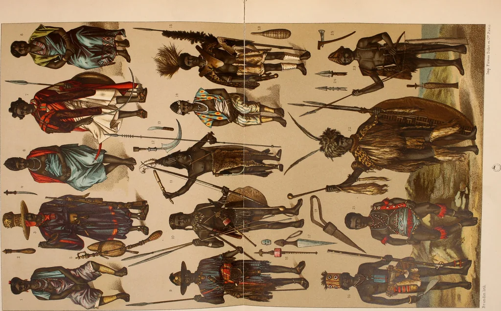 An illustration from Le costume historique. Cinq cents planches, trois cents en couleurs, or et argent, deux cents en camaieu. Types principaux du vêtement et de la parure, rapprochés de ceux de l'intérieur de l'habitation dans tous les temps et chez tous les peuples, avec de nombreux détails sur le mobilier, les armes, les objets usuels, les moyens de transport, etc, 1888, leaf 485