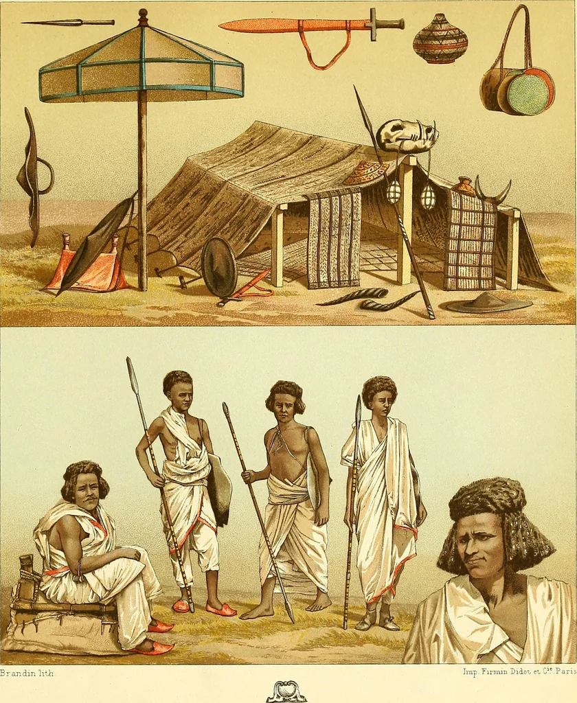 An illustration from Le costume historique. Cinq cents planches, trois cents en couleurs, or et argent, deux cents en camaieu. Types principaux du vêtement et de la parure, rapprochés de ceux de l'intérieur de l'habitation dans tous les temps et chez tous les peuples, avec de nombreux détails sur le mobilier, les armes, les objets usuels, les moyens de transport, etc, 1888, leaf 499