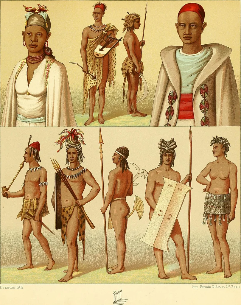 An illustration from Le costume historique. Cinq cents planches, trois cents en couleurs, or et argent, deux cents en camaieu. Types principaux du vêtement et de la parure, rapprochés de ceux de l'intérieur de l'habitation dans tous les temps et chez tous les peuples, avec de nombreux détails sur le mobilier, les armes, les objets usuels, les moyens de transport, etc, 1888, leaf 505