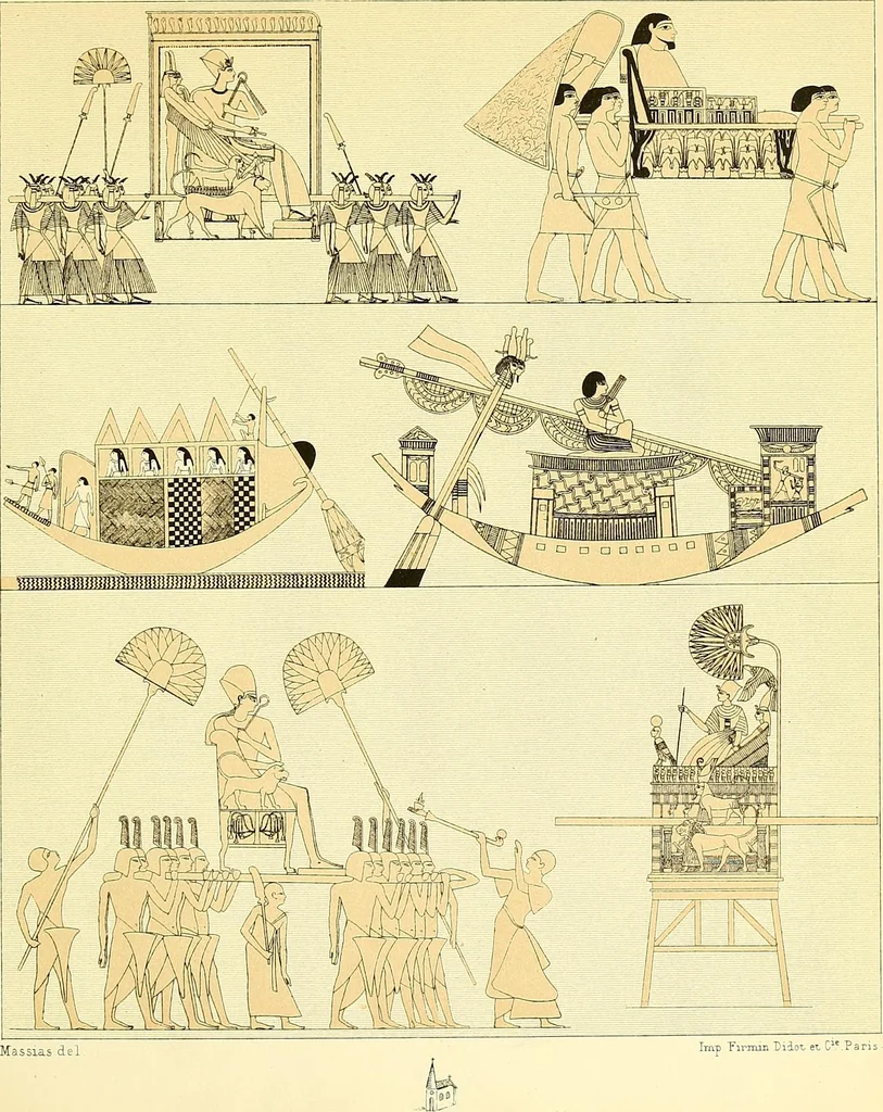 An illustration from Le costume historique. Cinq cents planches, trois cents en couleurs, or et argent, deux cents en camaieu. Types principaux du vêtement et de la parure, rapprochés de ceux de l'intérieur de l'habitation dans tous les temps et chez tous les peuples, avec de nombreux détails sur le mobilier, les armes, les objets usuels, les moyens de transport, etc, 1888, leaf 51