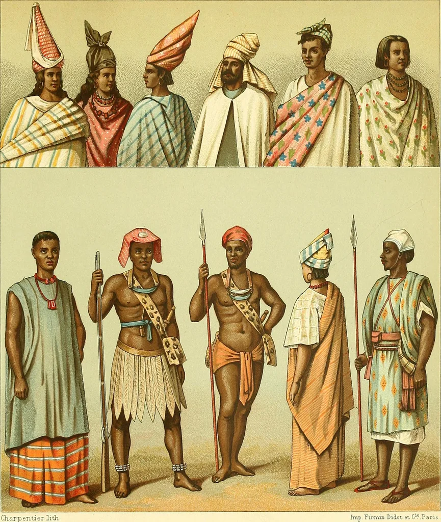 An illustration from Le costume historique. Cinq cents planches, trois cents en couleurs, or et argent, deux cents en camaieu. Types principaux du vêtement et de la parure, rapprochés de ceux de l'intérieur de l'habitation dans tous les temps et chez tous les peuples, avec de nombreux détails sur le mobilier, les armes, les objets usuels, les moyens de transport, etc, 1888, leaf 521