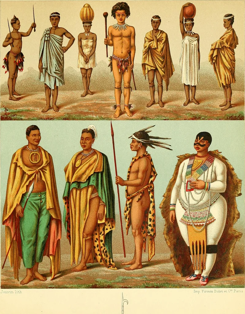 An illustration from Le costume historique. Cinq cents planches, trois cents en couleurs, or et argent, deux cents en camaieu. Types principaux du vêtement et de la parure, rapprochés de ceux de l'intérieur de l'habitation dans tous les temps et chez tous les peuples, avec de nombreux détails sur le mobilier, les armes, les objets usuels, les moyens de transport, etc, 1888, leaf 527