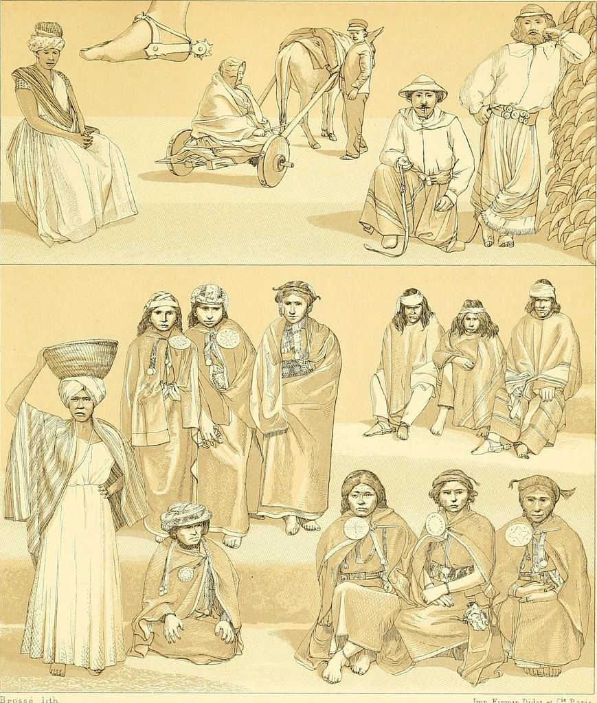 An illustration from Le costume historique. Cinq cents planches, trois cents en couleurs, or et argent, deux cents en camaieu. Types principaux du vêtement et de la parure, rapprochés de ceux de l'intérieur de l'habitation dans tous les temps et chez tous les peuples, avec de nombreux détails sur le mobilier, les armes, les objets usuels, les moyens de transport, etc, 1888, leaf 551