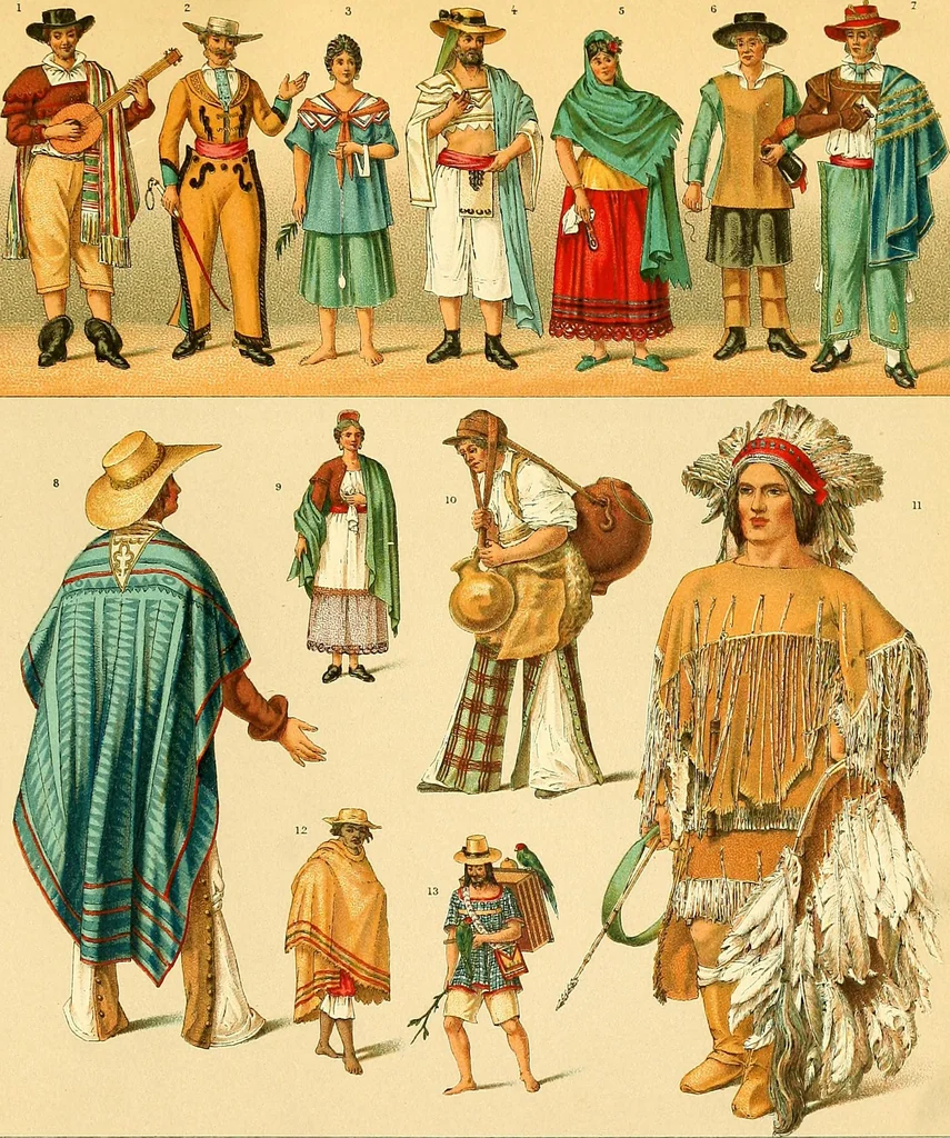 An illustration from Le costume historique. Cinq cents planches, trois cents en couleurs, or et argent, deux cents en camaieu. Types principaux du vêtement et de la parure, rapprochés de ceux de l'intérieur de l'habitation dans tous les temps et chez tous les peuples, avec de nombreux détails sur le mobilier, les armes, les objets usuels, les moyens de transport, etc, 1888, leaf 563