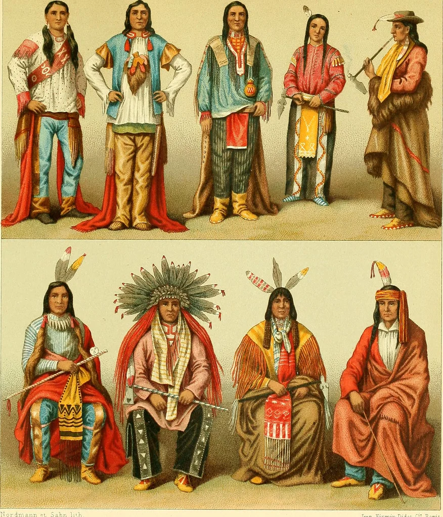 An illustration from Le costume historique. Cinq cents planches, trois cents en couleurs, or et argent, deux cents en camaieu. Types principaux du vêtement et de la parure, rapprochés de ceux de l'intérieur de l'habitation dans tous les temps et chez tous les peuples, avec de nombreux détails sur le mobilier, les armes, les objets usuels, les moyens de transport, etc, 1888, leaf 569