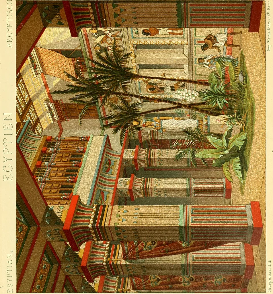 An illustration from Le costume historique. Cinq cents planches, trois cents en couleurs, or et argent, deux cents en camaieu. Types principaux du vêtement et de la parure, rapprochés de ceux de l'intérieur de l'habitation dans tous les temps et chez tous les peuples, avec de nombreux détails sur le mobilier, les armes, les objets usuels, les moyens de transport, etc, 1888, leaf 57