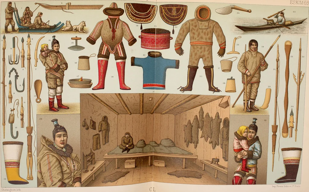 An illustration from Le costume historique. Cinq cents planches, trois cents en couleurs, or et argent, deux cents en camaieu. Types principaux du vêtement et de la parure, rapprochés de ceux de l'intérieur de l'habitation dans tous les temps et chez tous les peuples, avec de nombreux détails sur le mobilier, les armes, les objets usuels, les moyens de transport, etc, 1888, leaf 591