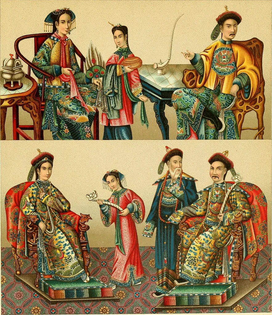 An illustration from Le costume historique. Cinq cents planches, trois cents en couleurs, or et argent, deux cents en camaieu. Types principaux du vêtement et de la parure, rapprochés de ceux de l'intérieur de l'habitation dans tous les temps et chez tous les peuples, avec de nombreux détails sur le mobilier, les armes, les objets usuels, les moyens de transport, etc, 1888, leaf 605