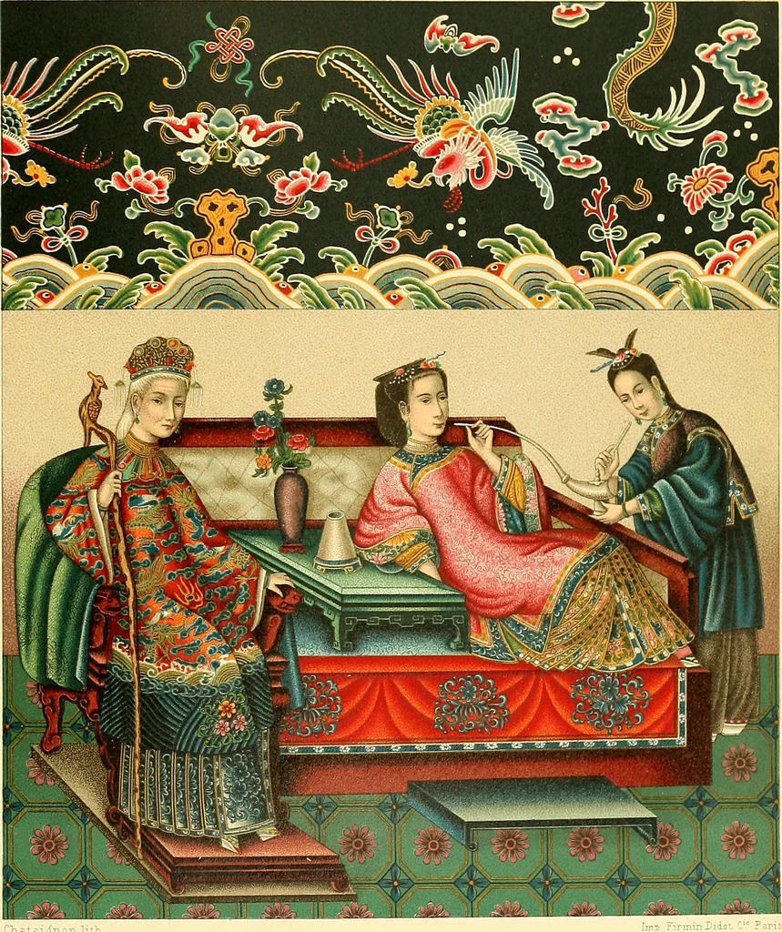 An illustration from Le costume historique. Cinq cents planches, trois cents en couleurs, or et argent, deux cents en camaieu. Types principaux du vêtement et de la parure, rapprochés de ceux de l'intérieur de l'habitation dans tous les temps et chez tous les peuples, avec de nombreux détails sur le mobilier, les armes, les objets usuels, les moyens de transport, etc, 1888, leaf 609