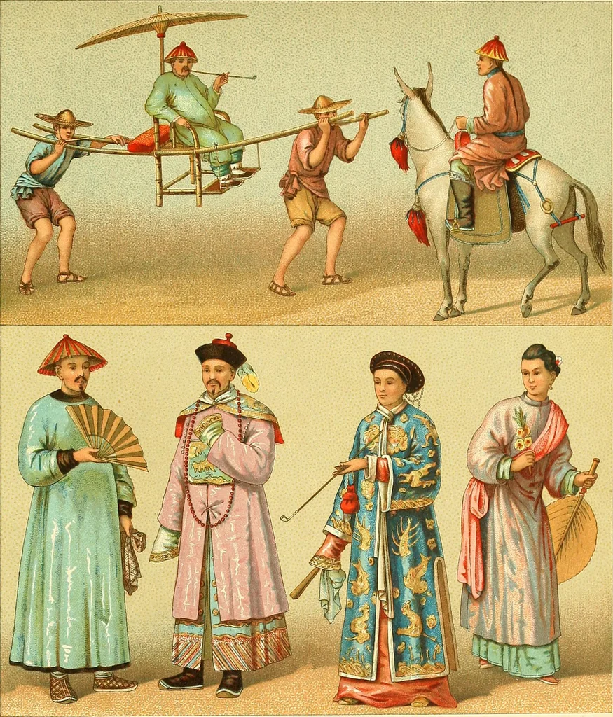 An illustration from Le costume historique. Cinq cents planches, trois cents en couleurs, or et argent, deux cents en camaieu. Types principaux du vêtement et de la parure, rapprochés de ceux de l'intérieur de l'habitation dans tous les temps et chez tous les peuples, avec de nombreux détails sur le mobilier, les armes, les objets usuels, les moyens de transport, etc, 1888, leaf 613