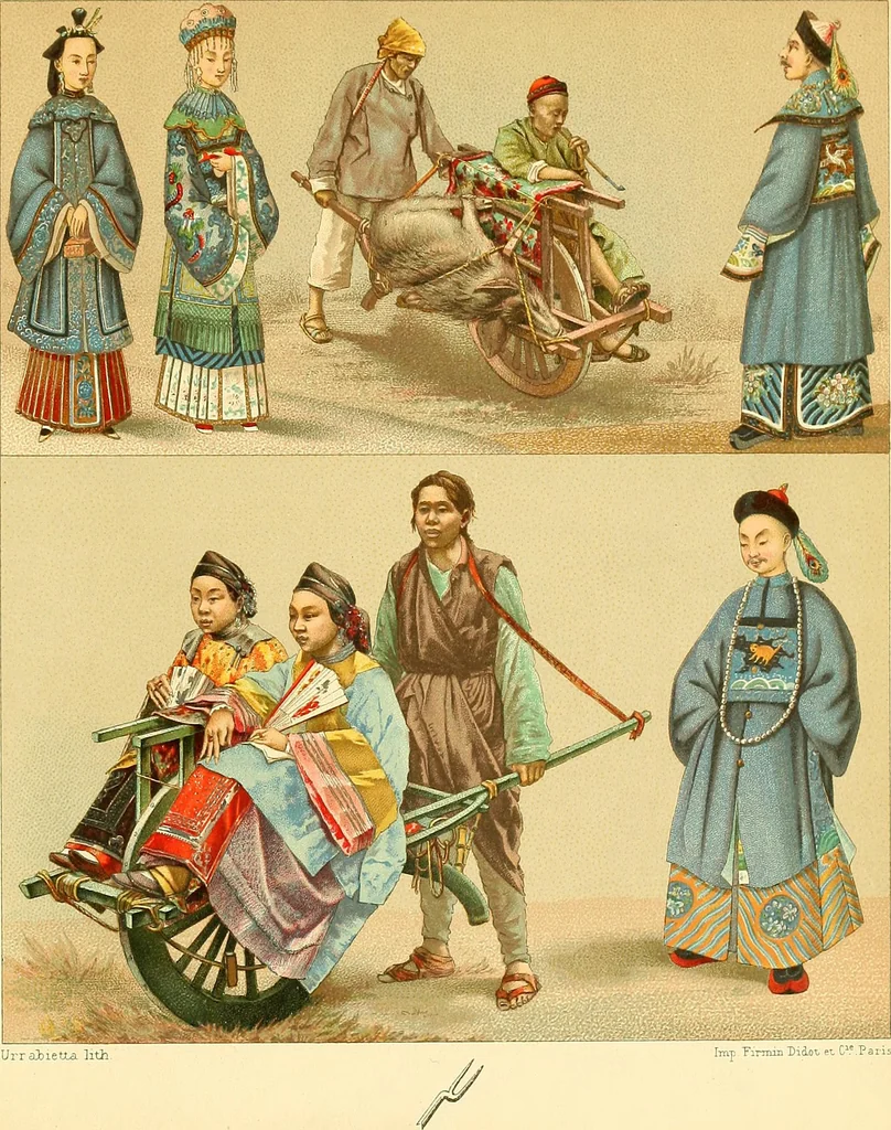 An illustration from Le costume historique. Cinq cents planches, trois cents en couleurs, or et argent, deux cents en camaieu. Types principaux du vêtement et de la parure, rapprochés de ceux de l'intérieur de l'habitation dans tous les temps et chez tous les peuples, avec de nombreux détails sur le mobilier, les armes, les objets usuels, les moyens de transport, etc, 1888, leaf 619