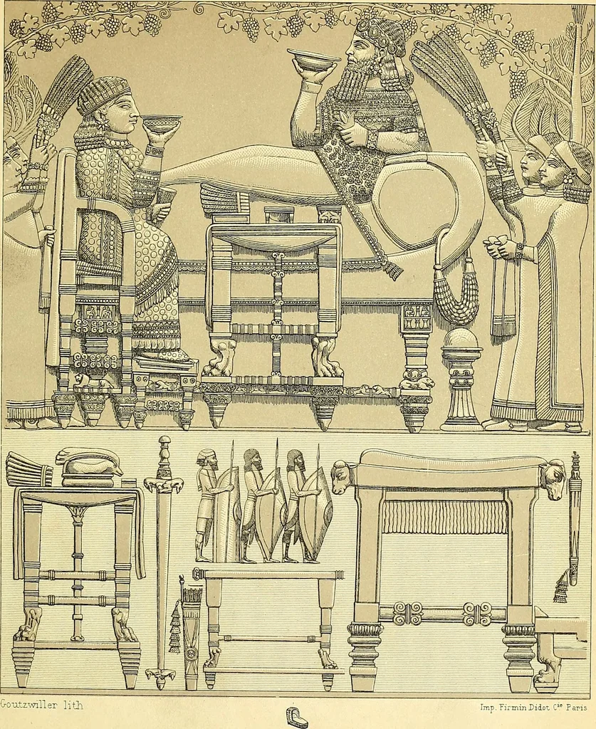 An illustration from Le costume historique. Cinq cents planches, trois cents en couleurs, or et argent, deux cents en camaieu. Types principaux du vêtement et de la parure, rapprochés de ceux de l'intérieur de l'habitation dans tous les temps et chez tous les peuples, avec de nombreux détails sur le mobilier, les armes, les objets usuels, les moyens de transport, etc, 1888, leaf 63