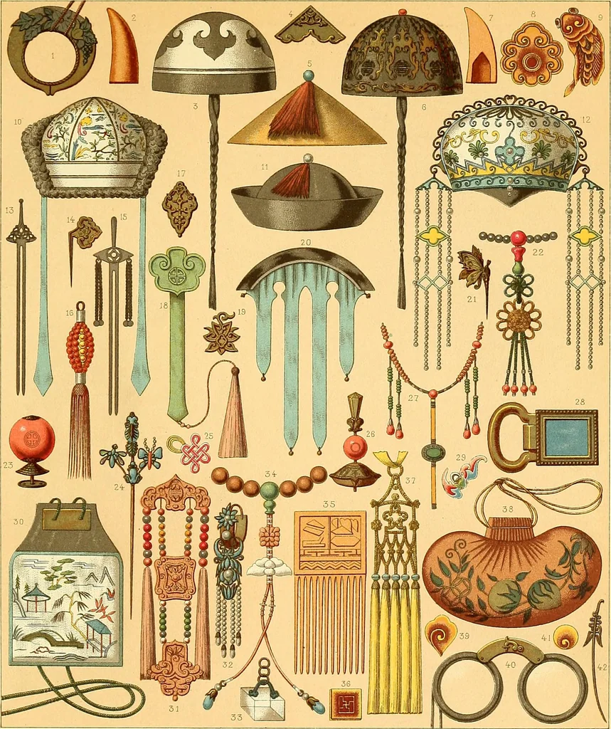 An illustration from Le costume historique. Cinq cents planches, trois cents en couleurs, or et argent, deux cents en camaieu. Types principaux du vêtement et de la parure, rapprochés de ceux de l'intérieur de l'habitation dans tous les temps et chez tous les peuples, avec de nombreux détails sur le mobilier, les armes, les objets usuels, les moyens de transport, etc, 1888, leaf 637