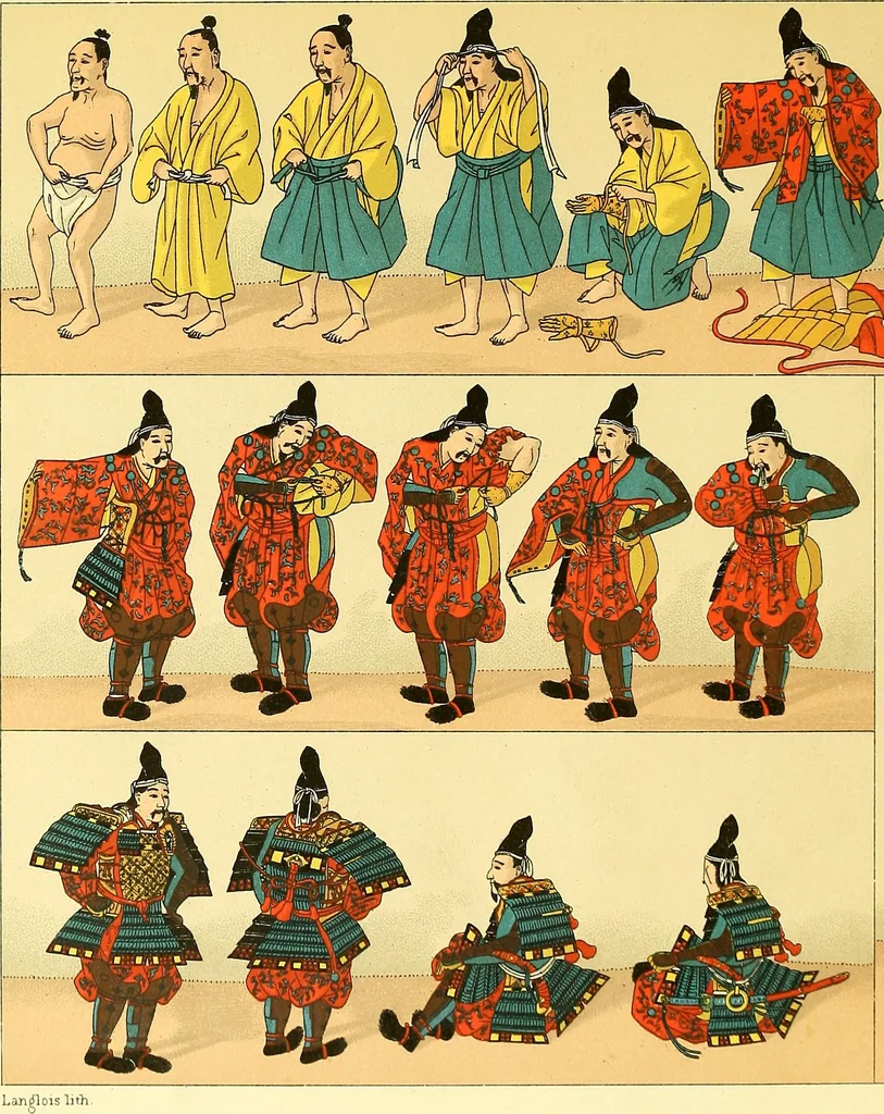 An illustration from Le costume historique. Cinq cents planches, trois cents en couleurs, or et argent, deux cents en camaieu. Types principaux du vêtement et de la parure, rapprochés de ceux de l'intérieur de l'habitation dans tous les temps et chez tous les peuples, avec de nombreux détails sur le mobilier, les armes, les objets usuels, les moyens de transport, etc, 1888, leaf 652