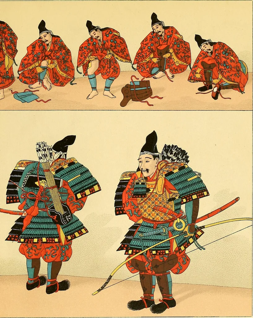 An illustration from Le costume historique. Cinq cents planches, trois cents en couleurs, or et argent, deux cents en camaieu. Types principaux du vêtement et de la parure, rapprochés de ceux de l'intérieur de l'habitation dans tous les temps et chez tous les peuples, avec de nombreux détails sur le mobilier, les armes, les objets usuels, les moyens de transport, etc, 1888, leaf 653