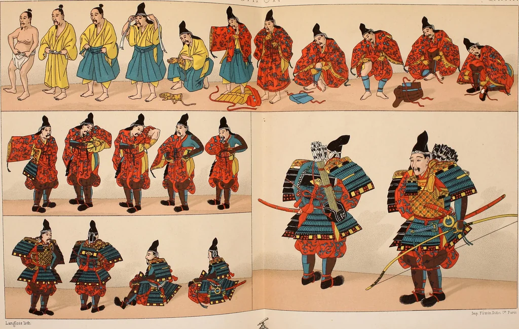 An illustration from Le costume historique. Cinq cents planches, trois cents en couleurs, or et argent, deux cents en camaieu. Types principaux du vêtement et de la parure, rapprochés de ceux de l'intérieur de l'habitation dans tous les temps et chez tous les peuples, avec de nombreux détails sur le mobilier, les armes, les objets usuels, les moyens de transport, etc, 1888, leaf 655