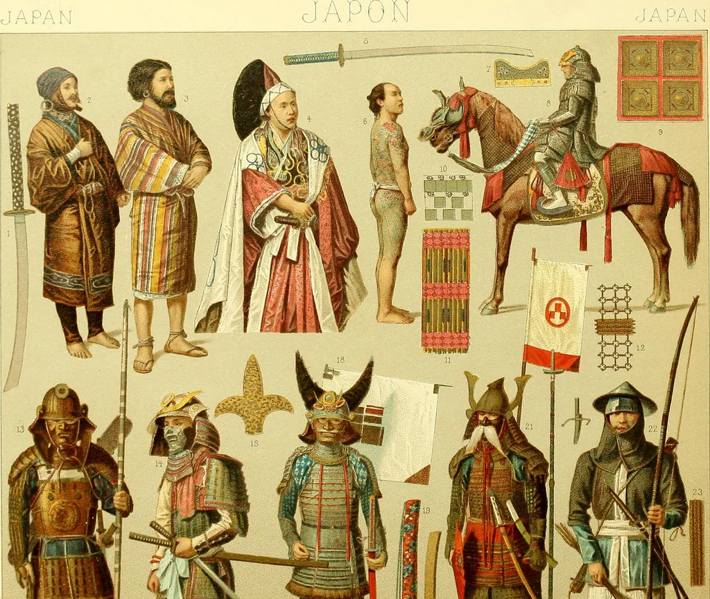 An illustration from Le costume historique. Cinq cents planches, trois cents en couleurs, or et argent, deux cents en camaieu. Types principaux du vêtement et de la parure, rapprochés de ceux de l'intérieur de l'habitation dans tous les temps et chez tous les peuples, avec de nombreux détails sur le mobilier, les armes, les objets usuels, les moyens de transport, etc, 1888, leaf 662