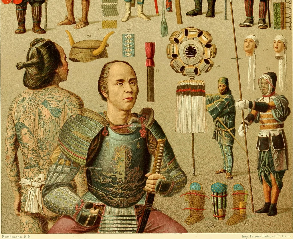 An illustration from Le costume historique. Cinq cents planches, trois cents en couleurs, or et argent, deux cents en camaieu. Types principaux du vêtement et de la parure, rapprochés de ceux de l'intérieur de l'habitation dans tous les temps et chez tous les peuples, avec de nombreux détails sur le mobilier, les armes, les objets usuels, les moyens de transport, etc, 1888, leaf 663