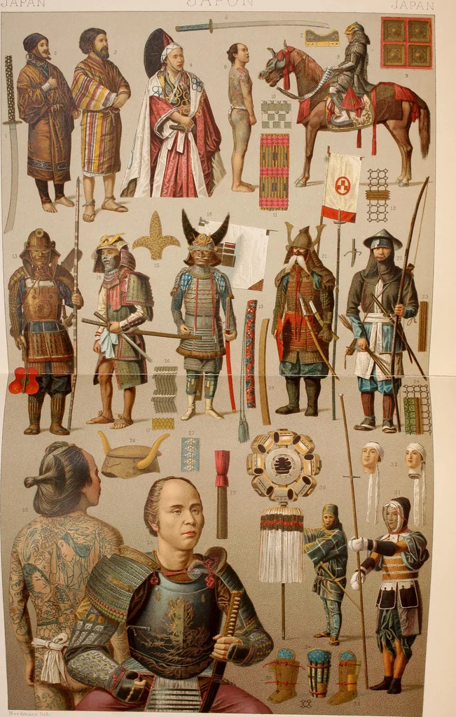 An illustration from Le costume historique. Cinq cents planches, trois cents en couleurs, or et argent, deux cents en camaieu. Types principaux du vêtement et de la parure, rapprochés de ceux de l'intérieur de l'habitation dans tous les temps et chez tous les peuples, avec de nombreux détails sur le mobilier, les armes, les objets usuels, les moyens de transport, etc, 1888, leaf 665