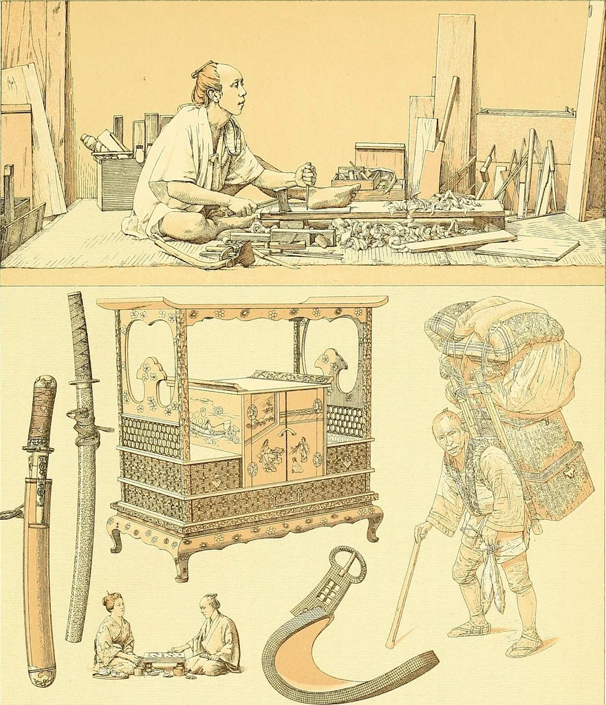An illustration from Le costume historique. Cinq cents planches, trois cents en couleurs, or et argent, deux cents en camaieu. Types principaux du vêtement et de la parure, rapprochés de ceux de l'intérieur de l'habitation dans tous les temps et chez tous les peuples, avec de nombreux détails sur le mobilier, les armes, les objets usuels, les moyens de transport, etc, 1888, leaf 667