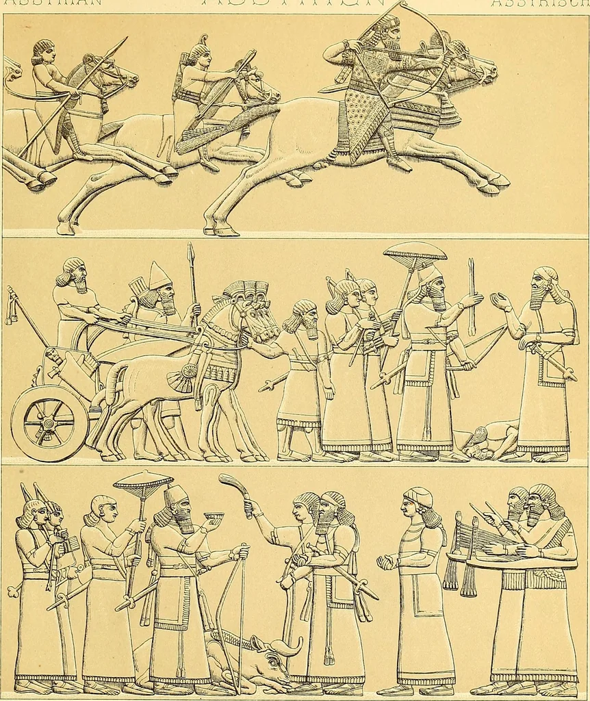 An illustration from Le costume historique. Cinq cents planches, trois cents en couleurs, or et argent, deux cents en camaieu. Types principaux du vêtement et de la parure, rapprochés de ceux de l'intérieur de l'habitation dans tous les temps et chez tous les peuples, avec de nombreux détails sur le mobilier, les armes, les objets usuels, les moyens de transport, etc, 1888, leaf 67