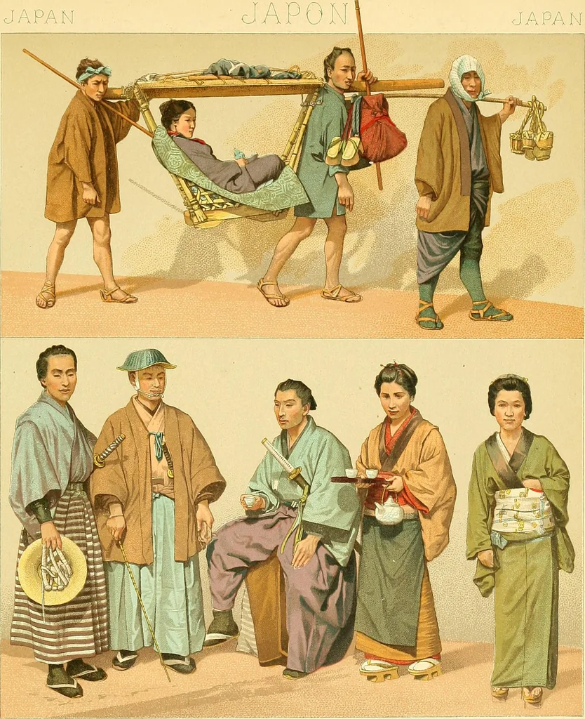 An illustration from Le costume historique. Cinq cents planches, trois cents en couleurs, or et argent, deux cents en camaieu. Types principaux du vêtement et de la parure, rapprochés de ceux de l'intérieur de l'habitation dans tous les temps et chez tous les peuples, avec de nombreux détails sur le mobilier, les armes, les objets usuels, les moyens de transport, etc, 1888, leaf 687