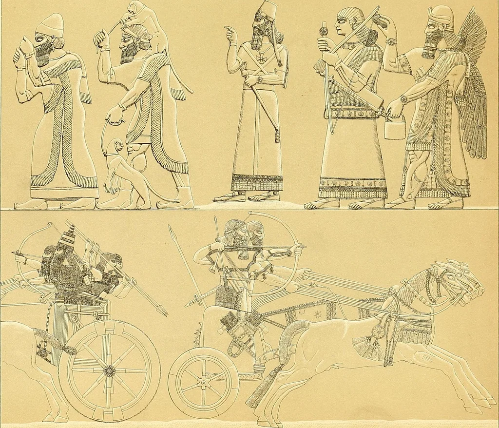 An illustration from Le costume historique. Cinq cents planches, trois cents en couleurs, or et argent, deux cents en camaieu. Types principaux du vêtement et de la parure, rapprochés de ceux de l'intérieur de l'habitation dans tous les temps et chez tous les peuples, avec de nombreux détails sur le mobilier, les armes, les objets usuels, les moyens de transport, etc, 1888, leaf 69
