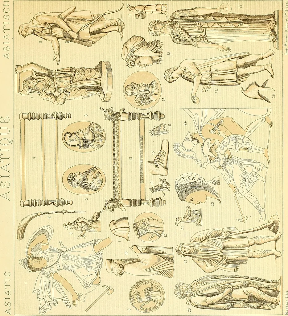 An illustration from Le costume historique. Cinq cents planches, trois cents en couleurs, or et argent, deux cents en camaieu. Types principaux du vêtement et de la parure, rapprochés de ceux de l'intérieur de l'habitation dans tous les temps et chez tous les peuples, avec de nombreux détails sur le mobilier, les armes, les objets usuels, les moyens de transport, etc, 1888, leaf 89