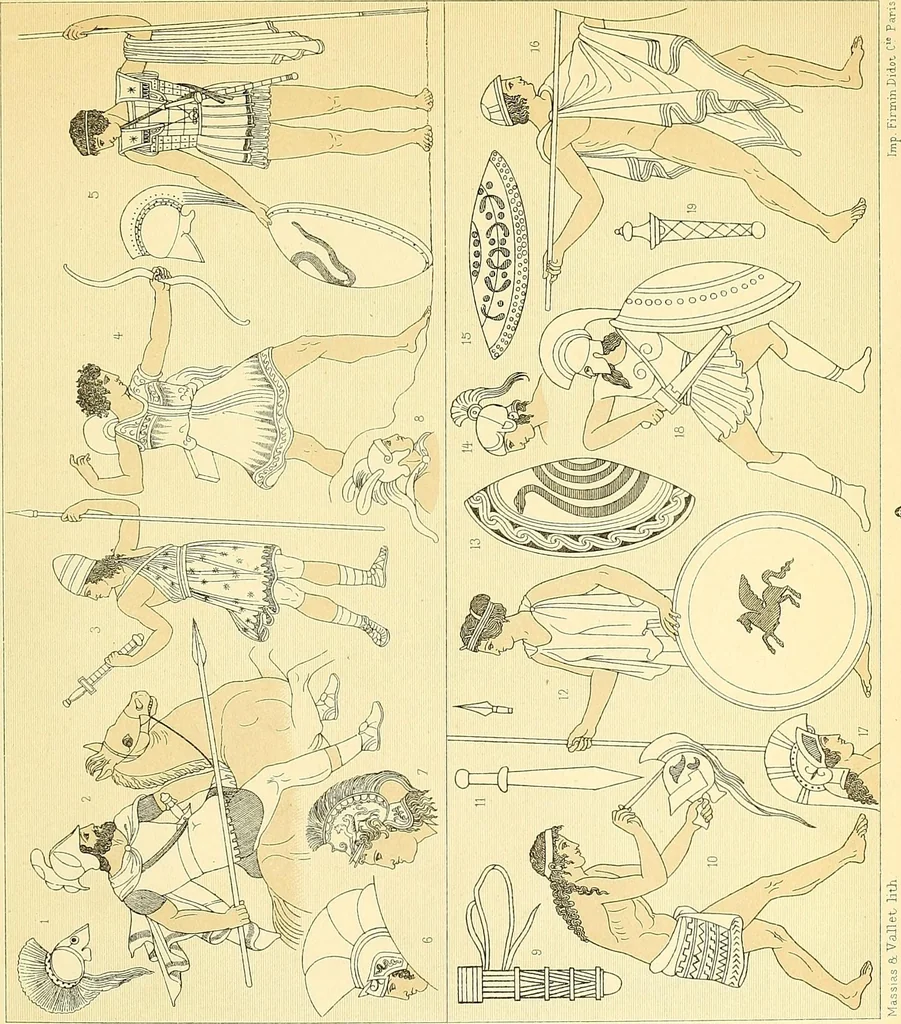 An illustration from Le costume historique. Cinq cents planches, trois cents en couleurs, or et argent, deux cents en camaieu. Types principaux du vêtement et de la parure, rapprochés de ceux de l'intérieur de l'habitation dans tous les temps et chez tous les peuples, avec de nombreux détails sur le mobilier, les armes, les objets usuels, les moyens de transport, etc, 1888, leaf 95