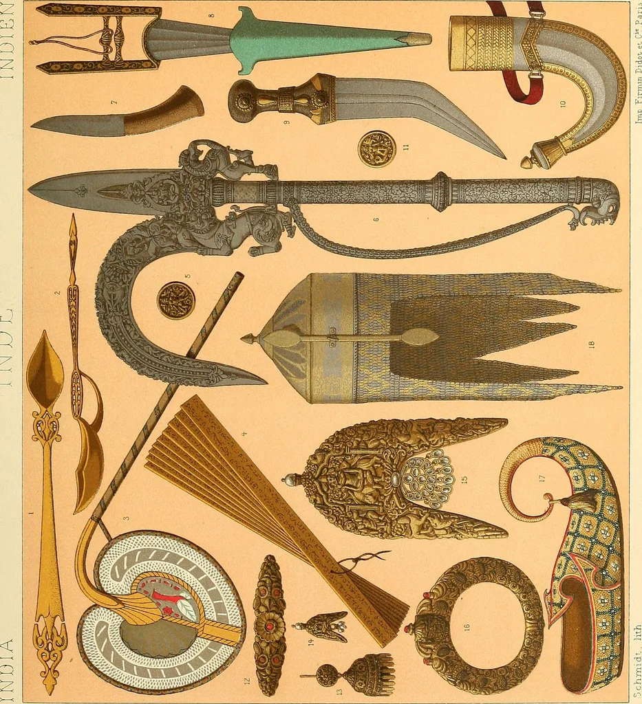 An illustration from Le costume historique. Cinq cents planches, trois cents en couleurs, or et argent, deux cents en camaieu. Types principaux du vêtement et de la parure, rapprochés de ceux de l'intérieur de l'habitation dans tous les temps et chez tous les peuples, avec de nombreux détails sur le mobilier, les armes, les objets usuels, les moyens de transport, etc, 1888, leaf 102