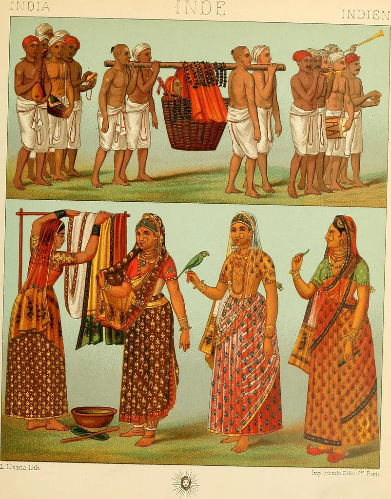 An illustration from Le costume historique. Cinq cents planches, trois cents en couleurs, or et argent, deux cents en camaieu. Types principaux du vêtement et de la parure, rapprochés de ceux de l'intérieur de l'habitation dans tous les temps et chez tous les peuples, avec de nombreux détails sur le mobilier, les armes, les objets usuels, les moyens de transport, etc, 1888, leaf 110