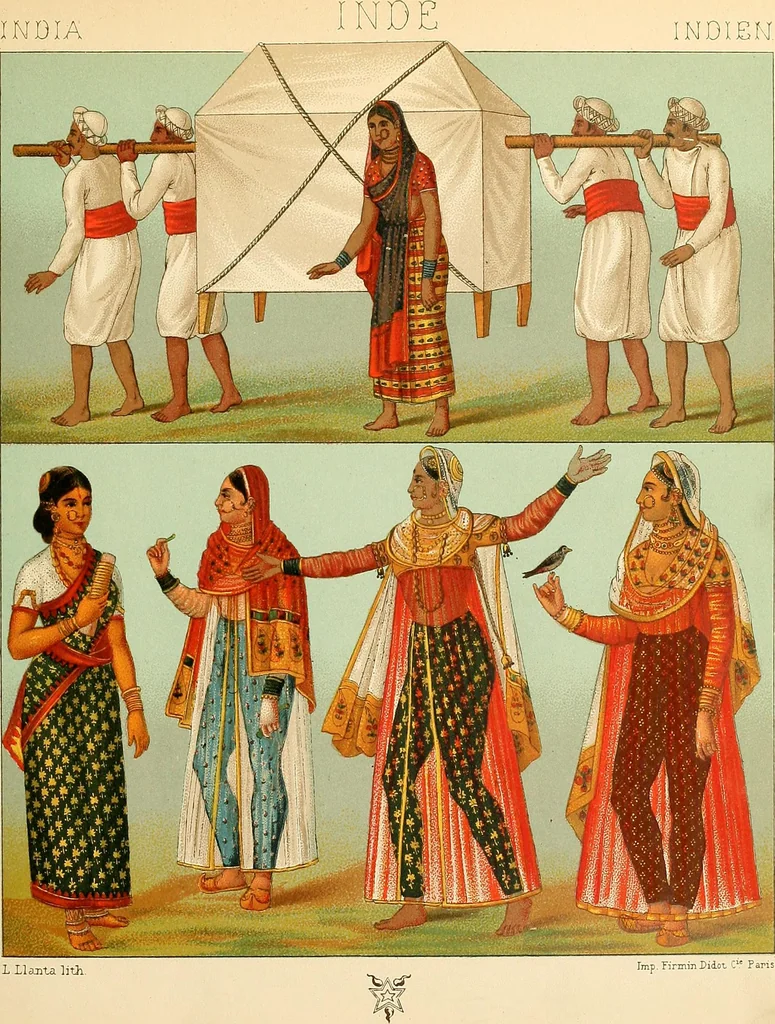 An illustration from Le costume historique. Cinq cents planches, trois cents en couleurs, or et argent, deux cents en camaieu. Types principaux du vêtement et de la parure, rapprochés de ceux de l'intérieur de l'habitation dans tous les temps et chez tous les peuples, avec de nombreux détails sur le mobilier, les armes, les objets usuels, les moyens de transport, etc, 1888, leaf 116