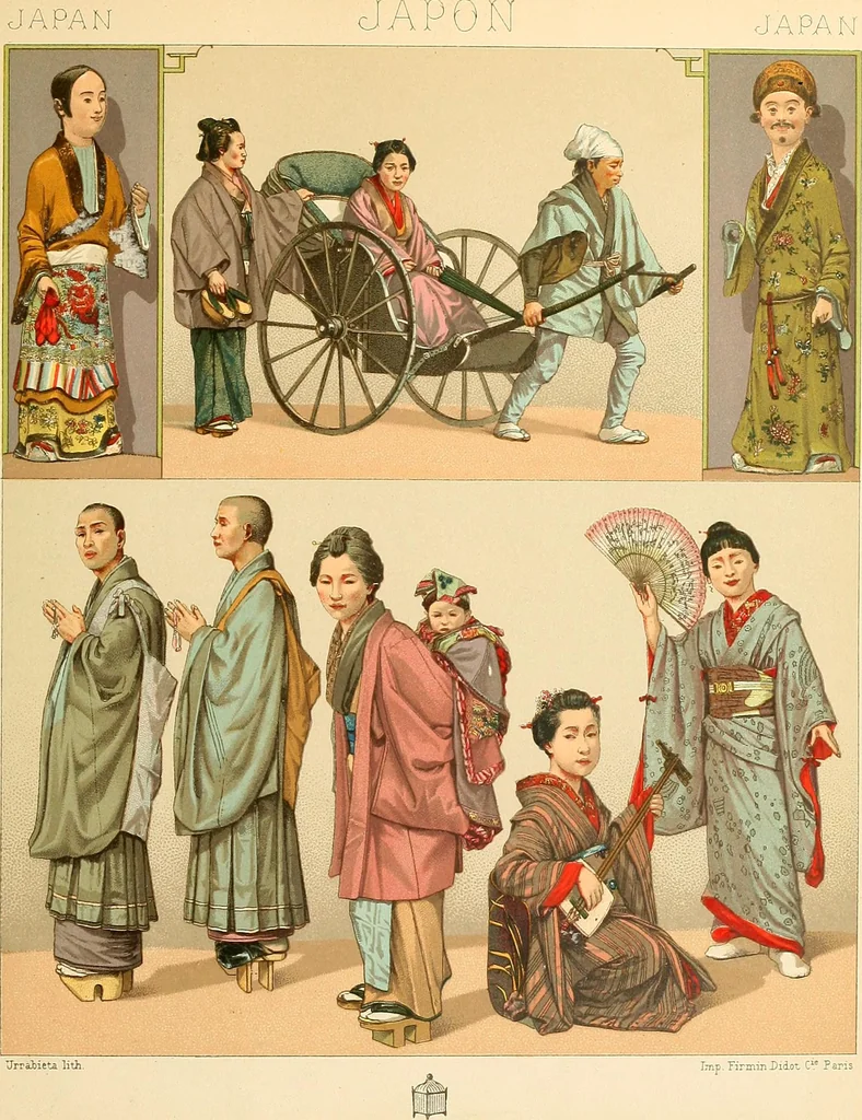 An illustration from Le costume historique. Cinq cents planches, trois cents en couleurs, or et argent, deux cents en camaieu. Types principaux du vêtement et de la parure, rapprochés de ceux de l'intérieur de l'habitation dans tous les temps et chez tous les peuples, avec de nombreux détails sur le mobilier, les armes, les objets usuels, les moyens de transport, etc, 1888, leaf 12