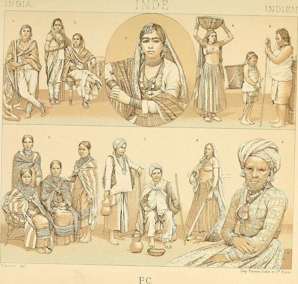An illustration from Le costume historique. Cinq cents planches, trois cents en couleurs, or et argent, deux cents en camaieu. Types principaux du vêtement et de la parure, rapprochés de ceux de l'intérieur de l'habitation dans tous les temps et chez tous les peuples, avec de nombreux détails sur le mobilier, les armes, les objets usuels, les moyens de transport, etc, 1888, leaf 142