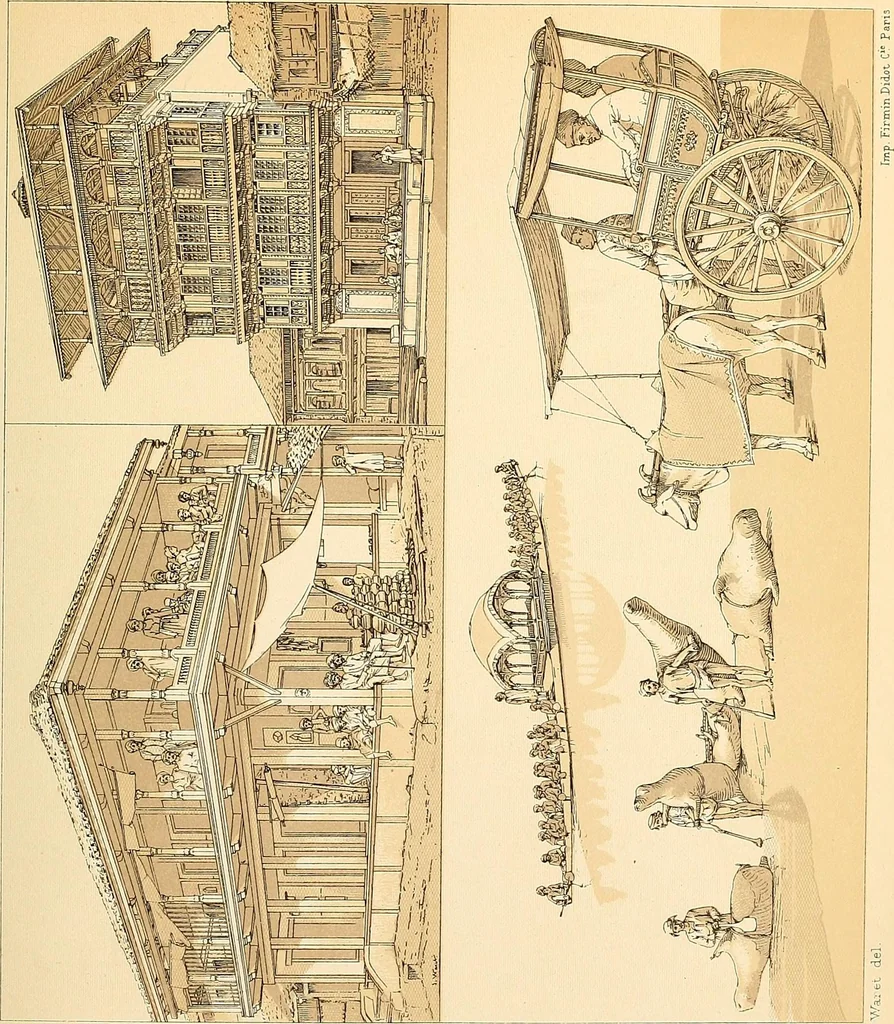 An illustration from Le costume historique. Cinq cents planches, trois cents en couleurs, or et argent, deux cents en camaieu. Types principaux du vêtement et de la parure, rapprochés de ceux de l'intérieur de l'habitation dans tous les temps et chez tous les peuples, avec de nombreux détails sur le mobilier, les armes, les objets usuels, les moyens de transport, etc, 1888, leaf 152